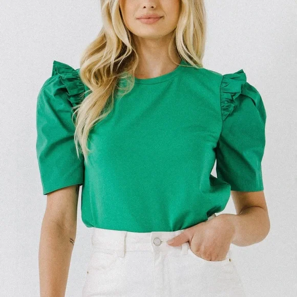 English factory green ruffle sleeve T-shirt - Picture 1 of 3